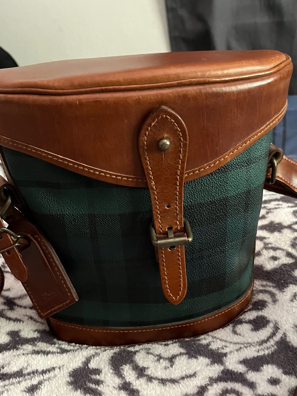 Ralph Lauren Vintage Black Watch Plaid Leather Trim Shoulder/Crossbody Bag